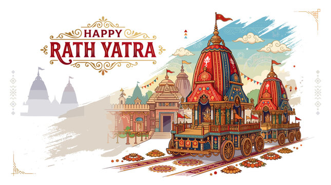 Vibrant Happy Rath Yatra festival vector with ornate Jagannath chariots and temples