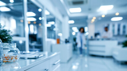 Fototapeta premium A bright modern clinic interior glows softly with a clean medical backdrop in calm tones clinic interior faceless background blurred backdrop clean backdrop soft lighting
