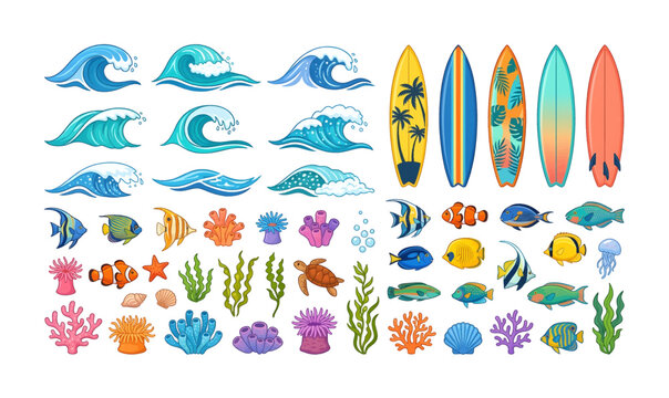 Collection of Colorful ocean wave and surfboard stickers.
