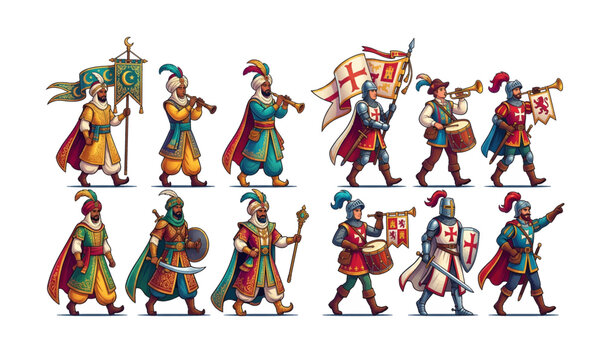 Collection of Medieval soldiers marching in formation together.