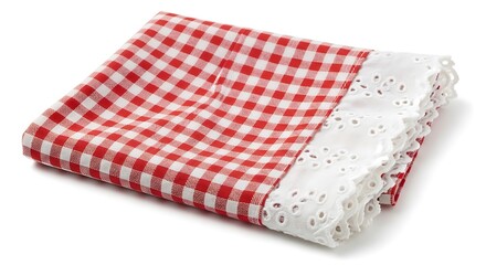 Obraz premium Folded red and white checkered kitchen napkin with decorative white eyelet lace trim isolated on white background