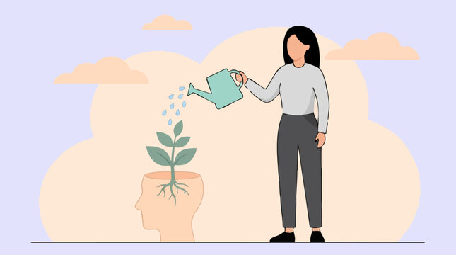 Woman watering plant growing from head, symbolizing personal growth, mental health