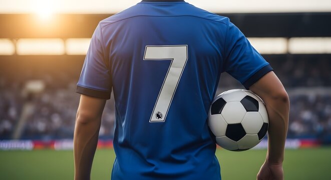 Football player number 7 jersey holding soccer ball on stadium field