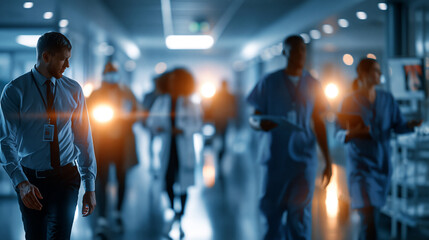 Fototapeta premium A blurred hospital hallway holds soft silhouettes of medical figures and bright equipment suggesting a calm busy environment hospital hallway faceless silhouettes blurred