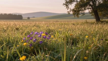 Obraz premium Wildflowers in dew covered meadow with rolling hills