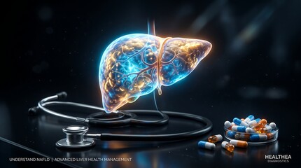 Glowing abstract human liver model with stethoscope and pills representing liver health management