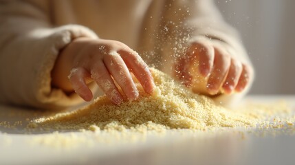 Fototapeta premium Child’s hands above a pile of spilled millet on a kitchen table during home cooking. The warm scene reflects family comfort, childhood curiosity, and homemade nutrition.
