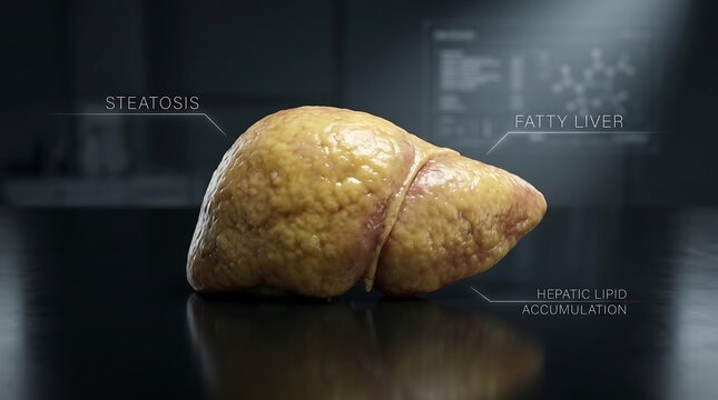 Diseased fatty liver with labels steatosis and hepatic lipid accumulation in dark setting