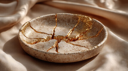 Fototapeta premium Kintsugi bowl showcasing the Japanese art of repairing broken pottery with golden lacquer, embracing the wabi sabi philosophy of finding beauty in imperfection and resilience