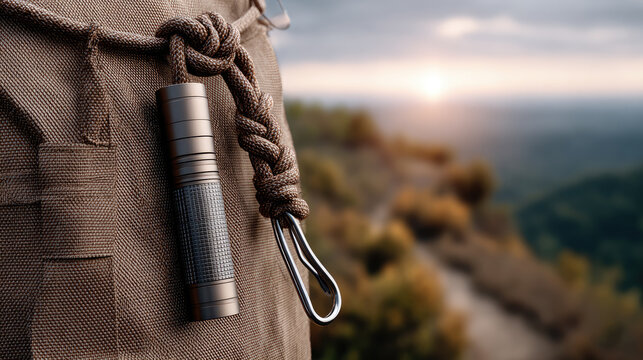 EDC flashlight and paracord lanyard with a carabiner attached to a textured backpack strap, ready for outdoor adventure and wilderness exploration during a serene sunset