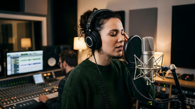 Female singer recording vocals in a professional studio