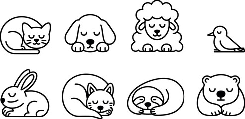 Fototapeta premium Set of eight sleeping animal minimalist black line