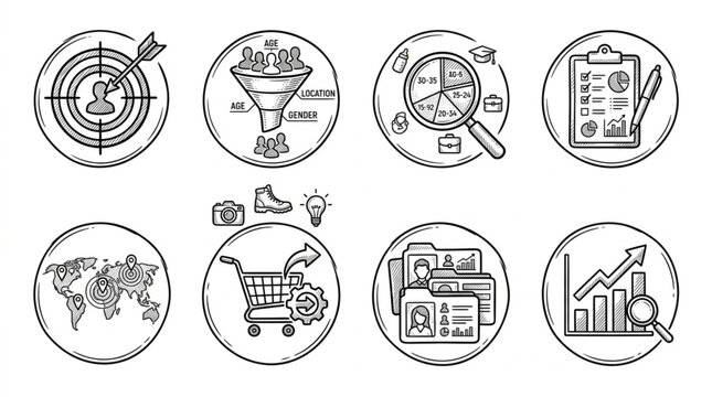 Business Icons Collection Representing Marketing Strategy and Analytics.