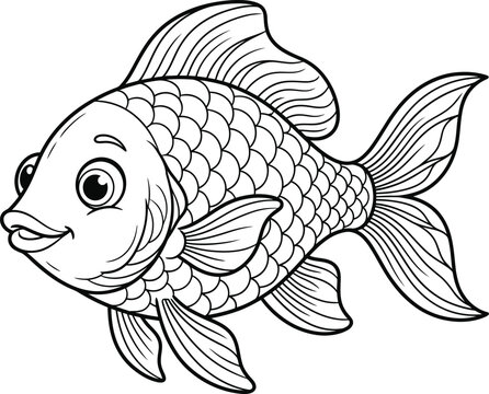 Black and white cartoon fish with detailed scales and fin, coloring page style fish coloring book page