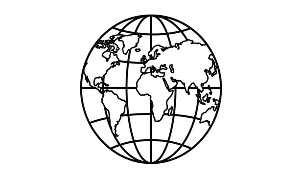 Black and white globe silhouette with continental outlines on a white background silhouette