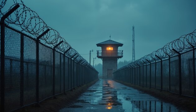 Prison guard tower and barbed wire fence line a wet road at dusk. A solitary light glows in the tower window. Tall antenna towers visible in background.