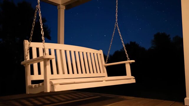 Wooden Swing Hanging Outdoors at Night Under Dark Sky.