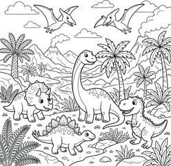 Fototapeta premium Dinosaurs and prehistoric plants in black and white line black and white jurassic t-rex