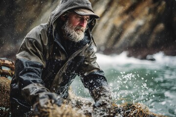 Naklejka premium Experienced maritime worker in waterproof hooded clothing handling heavy fishing nets amidst splashing ocean waves and rain in a rugged coastal environment during a storm