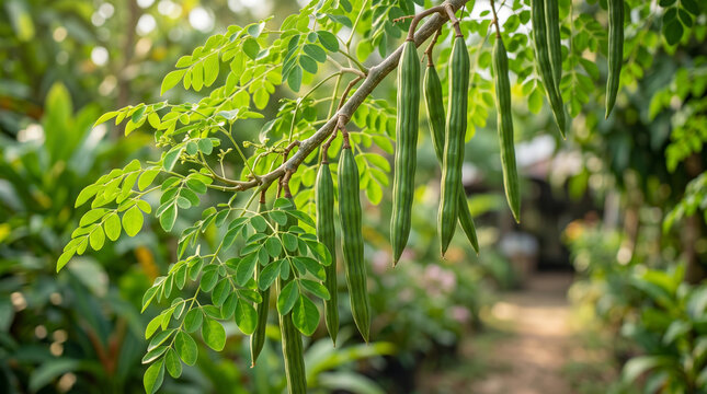 Fresh Green Moringa Oleifera Tree Branch with Long Seed Pods and Leaves
