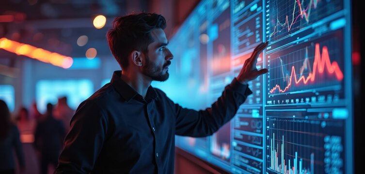 Man examines bright digital screens with graphs and charts. Pro analyzes data at night in modern office. Person works with big data and analytics.
