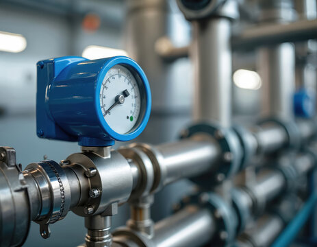 Blue pressure gauge on industrial pipes. Device measures fluid flow in complex pipe system. Unit is part of power plant machinery. Close-up view shows equipment detail.