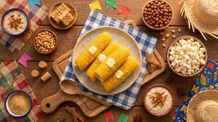 Traditional Brazilian Festa Junina table with steamed corn on the cob and rustic festival foods