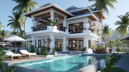 Fototapeta premium Tropical luxury villa with white walls and a swimming pool surrounded by palm trees in the