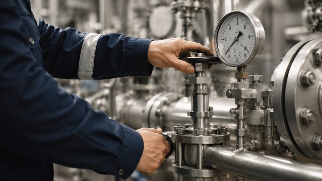 Industrial worker operating pressure valves and monitoring gauges in a factory facility, representing engineering, industrial maintenance, and manufacturing process control systems.