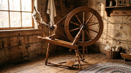 Obraz premium Rustic spinning wheel in traditional textile room