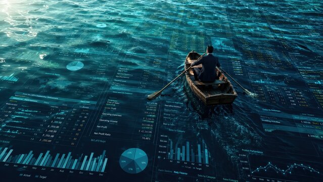 A businessman rows a small boat across a sea of financial charts and analytics, symbolizing navigating uncertainty, strategy, and data-driven decision making.