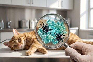 Vet holding magnifying glass over Ginger cat showing gut microbiome ecosystem. Glowing spheres represent good bacteria contrasting with dark jagged bad bacteria. Animal healthcare.