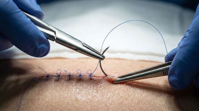 Medical professional performing surgical stitching on human skin with precision instruments in a clinical setting with hands gloves