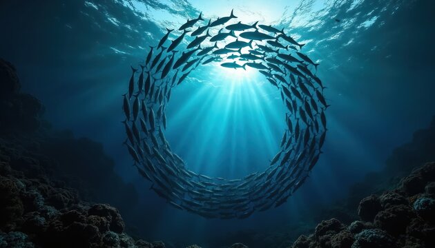 Large school of fish swims in a perfect circle underwater. Sun rays shine through blue ocean water creating light beams. Many fish move together in ocean depths near coral reef.