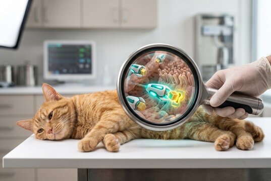 Vet using advanced biological tool to show glowing nano-bots delivering targeted prebiotics to receptors in a ginger cat's intestine. Futuristic pet healthcare, gut nourishment, and microbiome repair.