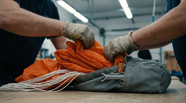 Two gloved hands unfold orange parachute on table in industrial setting with gray bag and white cords