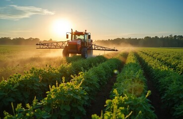 Naklejka premium Red tractor sprays pesticide on chickpea field at sunset. Agricultural machinery treats crops against insects and disease. Farm work on sunny day.