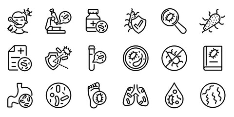 Fototapeta premium Set of Outline Icons Related to Bacteria, Linear Icon Collection with Editable Stroke, Microbiology and Infection Symbols Vector Illustration