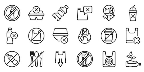 Fototapeta premium Set of Outline Icons Related to Plastic Waste Bans and Plastic-Free Concept, Linear Icon Collection with Editable Stroke, Environmental Protection and Zero Plastic Symbols Vector Illustration