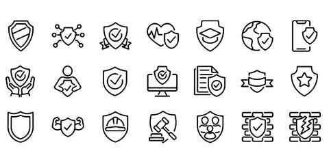 Fototapeta premium Set of Outline Icons Related to Shield and Protection, Linear Icon Collection with Editable Stroke, Security and Defense Symbols Vector Illustration