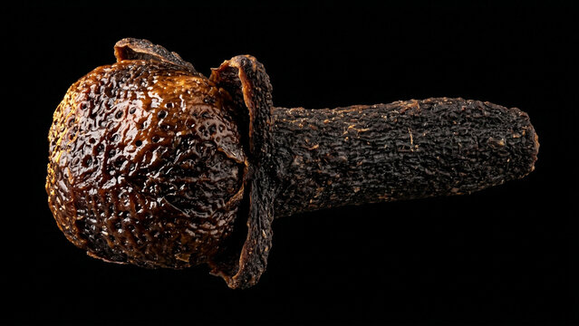Single clove bud in extreme macro showing resinous dark brown pitted wrinkled surface texture oil gland pits and warm amber studio rim lighting on pure black background