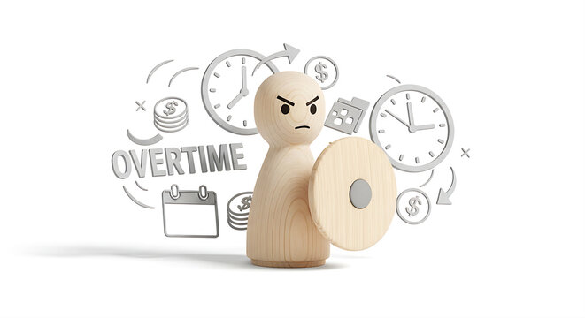 Work life balance and employee boundaries concept with angry wooden figure defending against overtime pressure for corporate culture blog banner