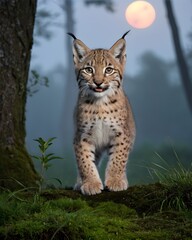 Obraz premium A buff eurasian lynx kitten , digitally created fantasy animal, generative ai, in a glade