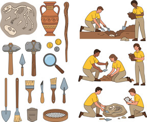 Archaeology excavation illustration set with researchers ancient artifacts fossils digging tools and historical discovery educational collection © Natasa.White