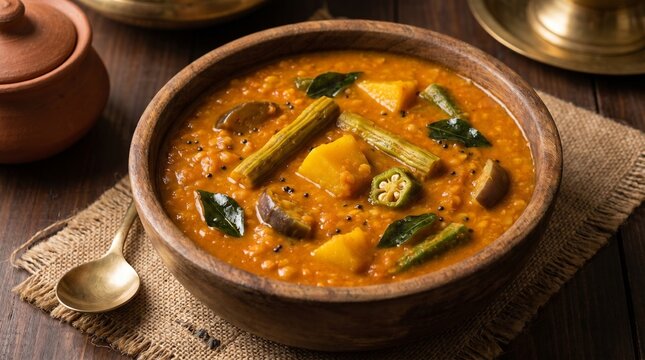 Rustic South Indian sambar bowl with lentils, vegetables, curry leaves, spices, flatbreads, and clay pots on wooden table&hellip;
