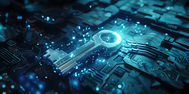 A close-up of a 3D-rendered circuit board with a glowing blue eye icon and interconnected pathways on a digital background.