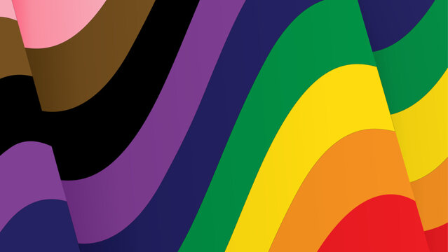 Waving rainbow pride flag texture featuring inclusive brown and black stripes, Colorful close up background representing marginalized LGBTQ community groups