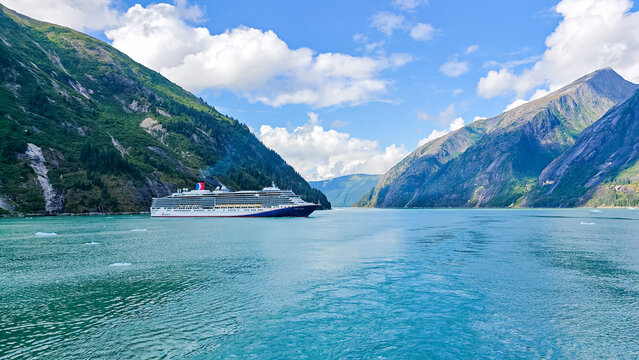 Tracy Arm, Alaska - USA - August 25, 2024 - Cruise Ship Sailing Through Lynn Canal Fjord
