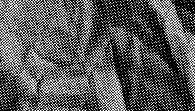 Halftone crumpled paper texture with white dotted, rough and wrinkled surface. Black creased sheet background in comic pop art style, grainy folds and gritty distressed details. Vector.