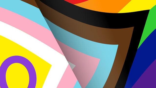 Close up of intersex inclusive chevron on progress pride flag, Detailed abstract background featuring vibrant yellow purple circle and trans colors, Graphic representation of modern LGBTQIA